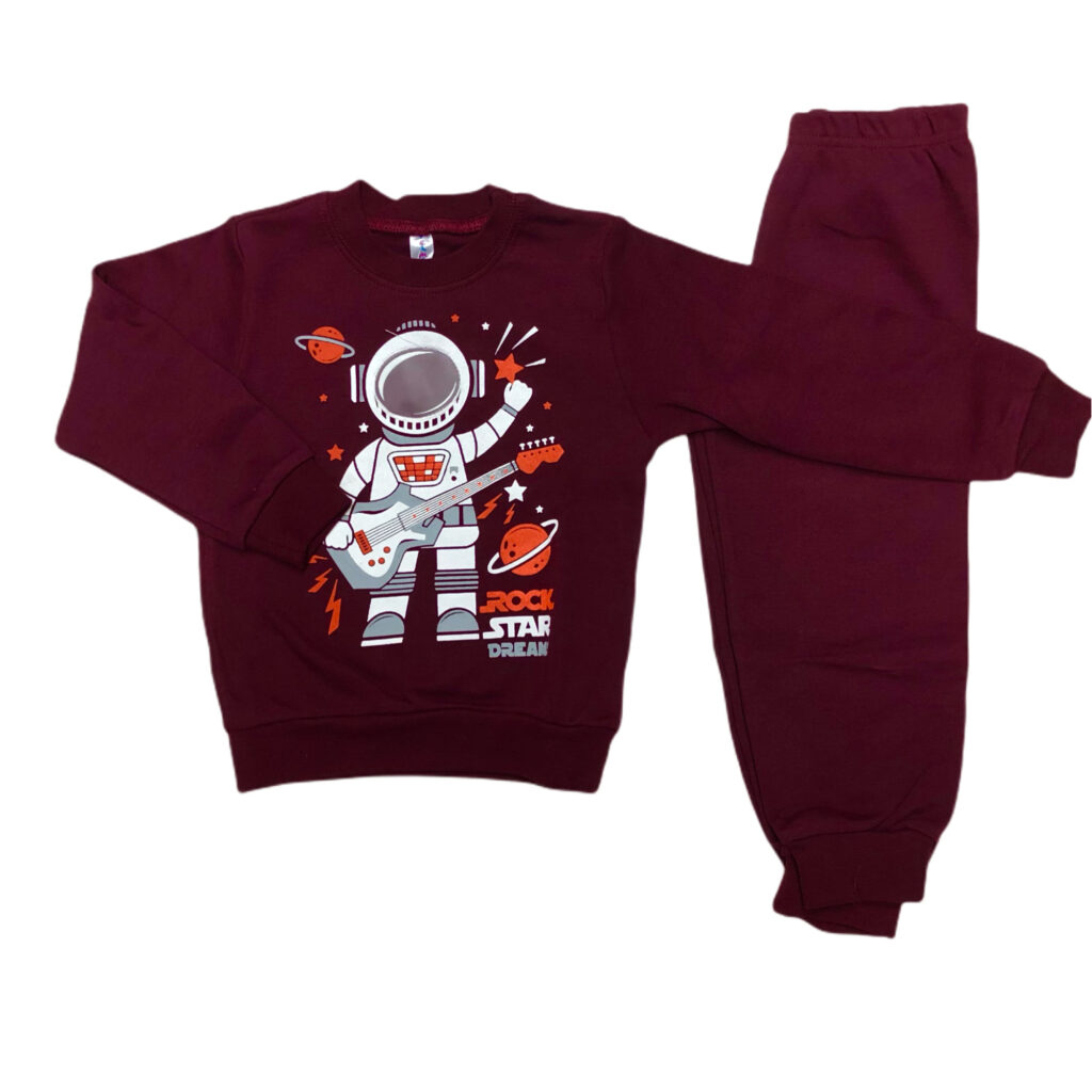 παιδική πιτζάμα joyce χρώμα μπορντό με αστροναύτη που παίζει ηλεκτρική κιθάρα στο διάστημα