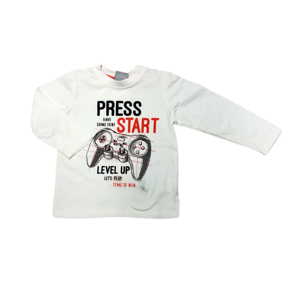 παιδική μπλούζα λευκή με χειριστήριο που γράφει PRESS START
