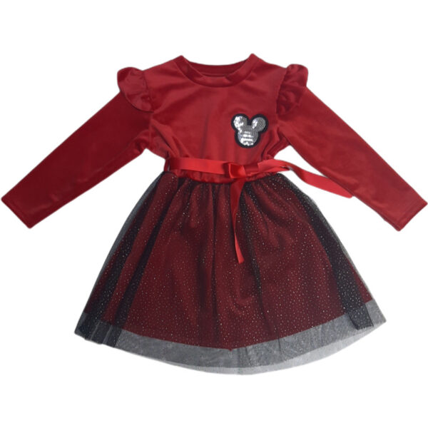 παιδικό φόρεμα κόκκινο με συνδυασμό υφασμάτων βελούδινο και τούλι μαύρο με γκλίττερ και minnie mouse
