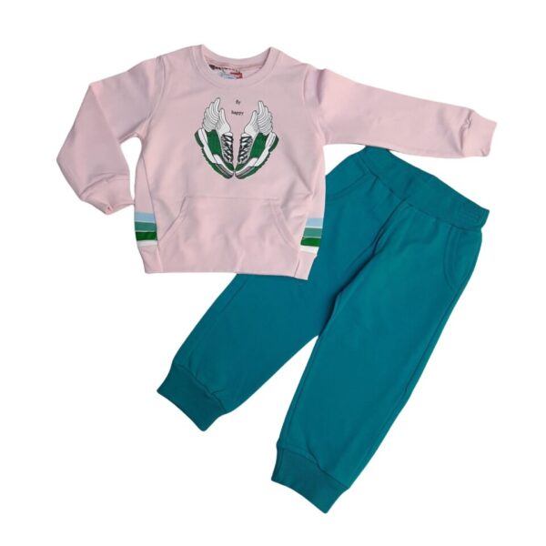 παιδικό σετ με ροζ ανοιχτή μπλούζα με παπούτσια και μπλε παντελόνι