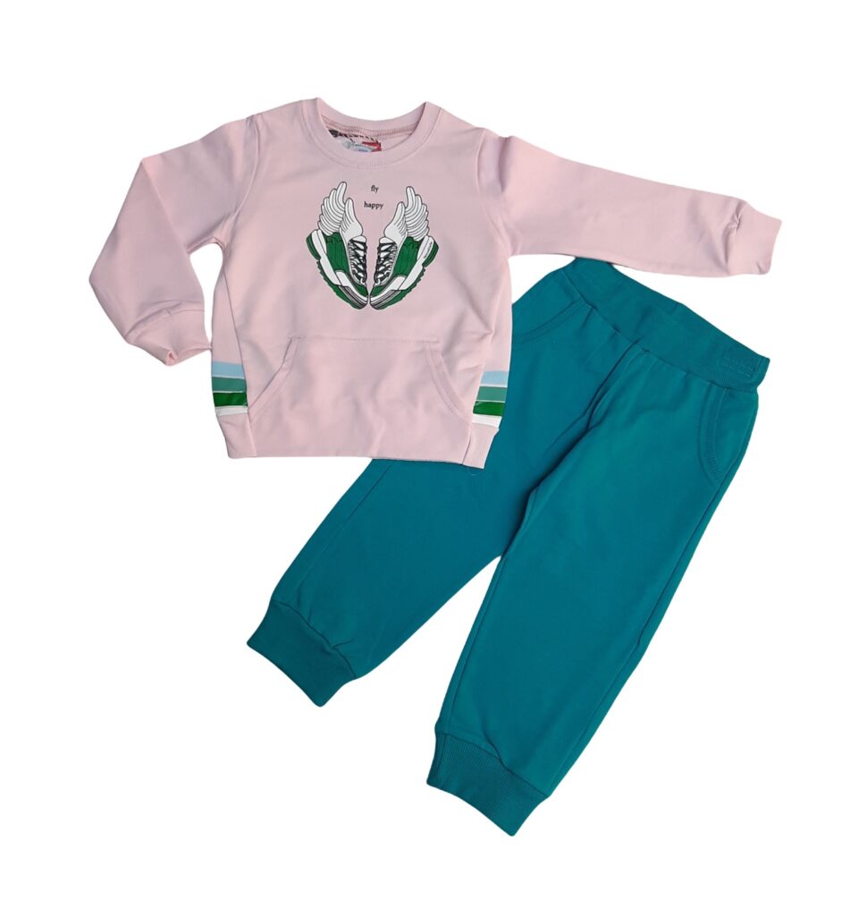 παιδικό σετ με ροζ ανοιχτή μπλούζα με παπούτσια και μπλε παντελόνι