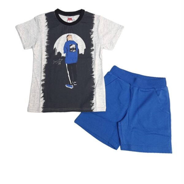 παιδικό σετ με ποντικί και λευκή μπλούζα με στάμπα με αγόρι και μπλε βερμούδα