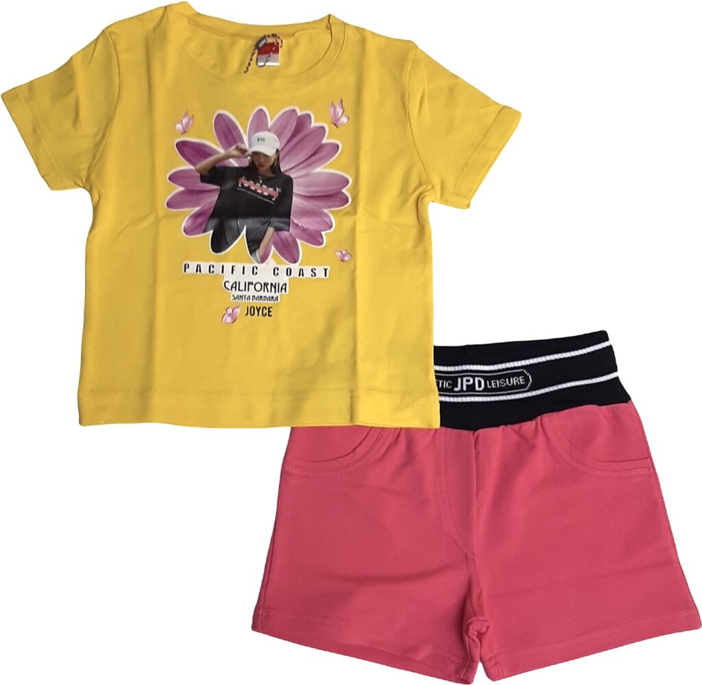 παιδικό σετ με κίτρινη μπλούζα με στάμπα λουλούδι και κοπέλα και σορτσάκι φούξια
