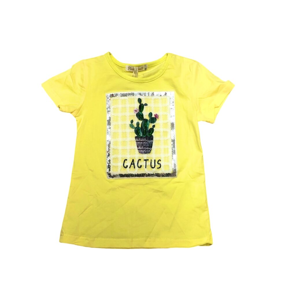 παιδική μπλούζα με κίτρινη μπλούζα και στάμπα με κάκτο και παγιέτες
