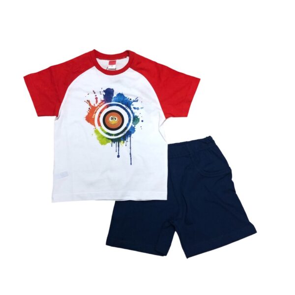 παιδικό σετ με λευκή και κόκκινη μπλούζα κοντομάνικη και κοντή βερμούδα μπλε σκούρο