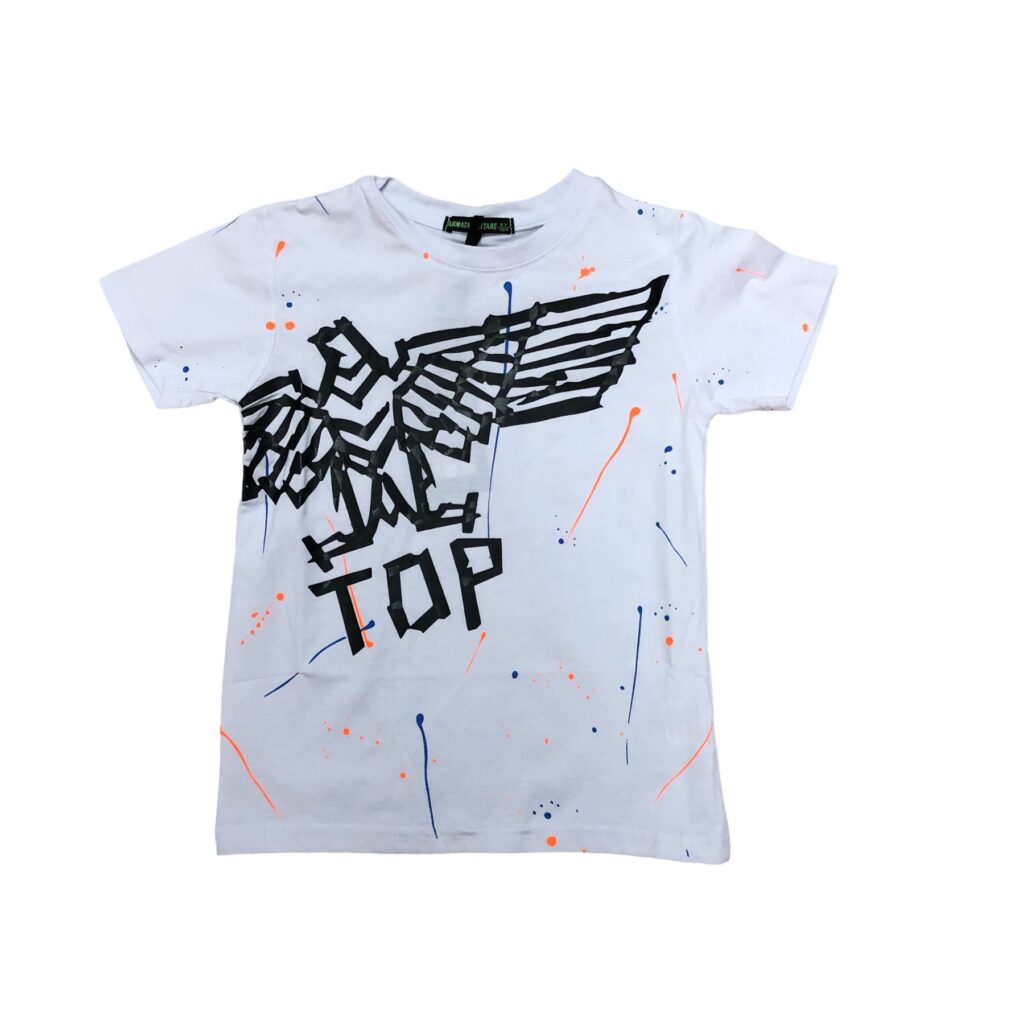 παιδική μπλούζα με στάμπα TOP και φωσφοριζέ πιτσιλιές