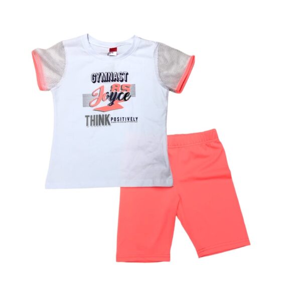 παιδικό σετ με λευκή μπλούζα που γράφει gymnast joyce think posivetly και πορτοκαλί παντελόνι