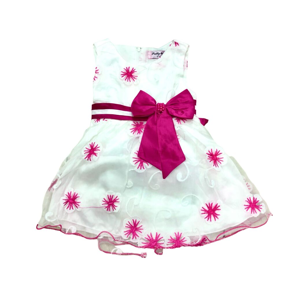 παιδικό φόρεμα λευκό με φούξια φιόγκο στην μέση