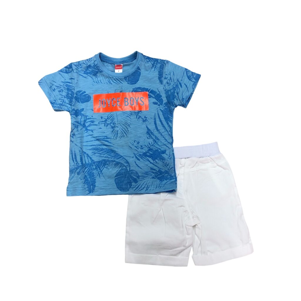 παιδικό σετ με γαλάζια μπλούζα με φύλλα που γράφει joyce boys και λευκό παντελόνι σορτς