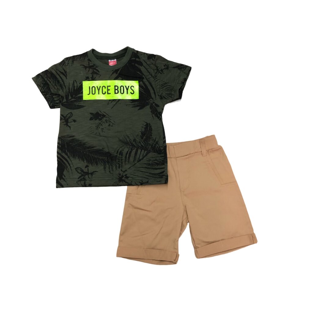 παιδικό σετ με λαδί μπλούζα με φύλλα που γράφει joyce boys και καφέ παντελόνι σορτς