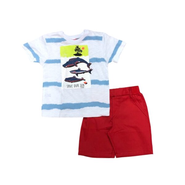 παιδικό σετ με λευκή μπλούζα με ψάρια που γράφει SAVE OUR SEA και κόκκινο σκούρο παντελόνι σορτς