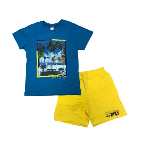 παιδικό σετ με μπλε μπλούζα με φοίνικες και κίτρινο παντελόνι σορτς που γράφει series