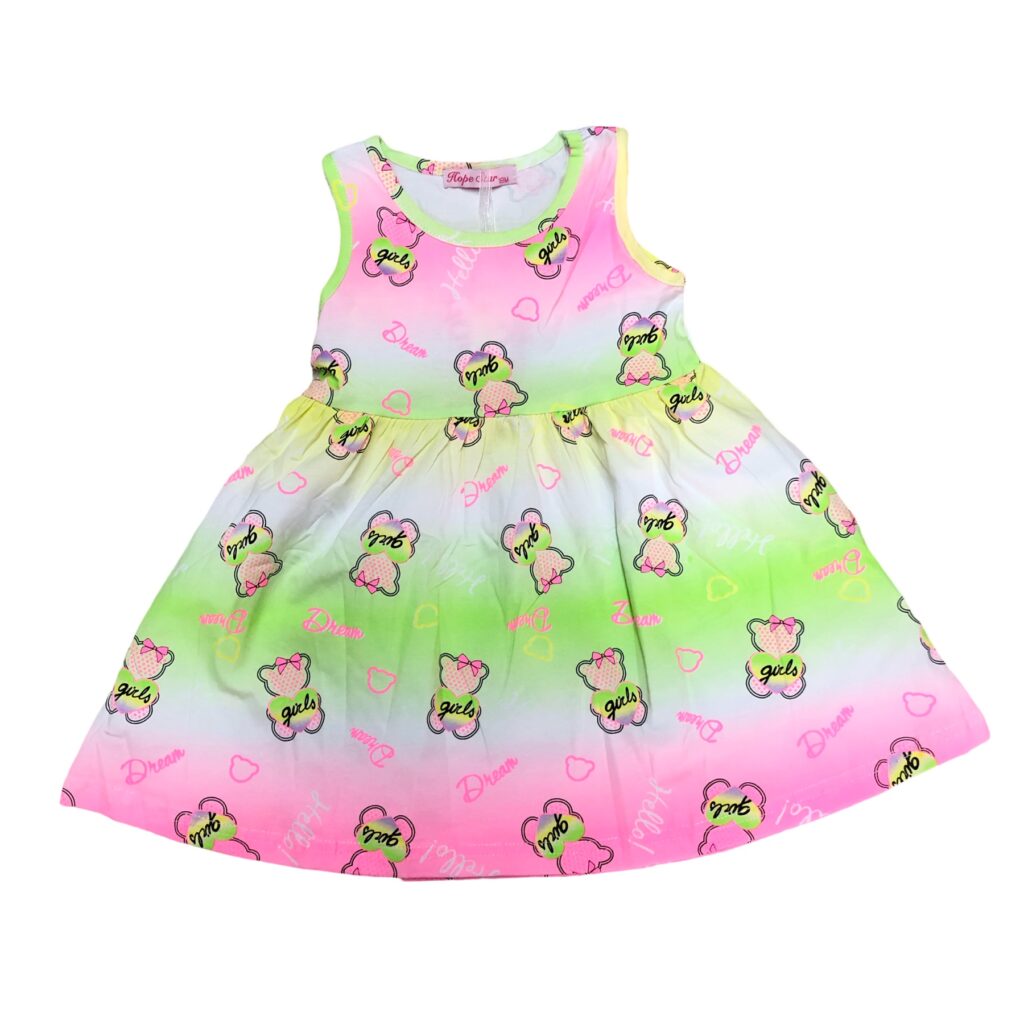 παιδικό φόρεμα ροζ-λευκό-λαχανί με αρκουδάκι που γράφει girls