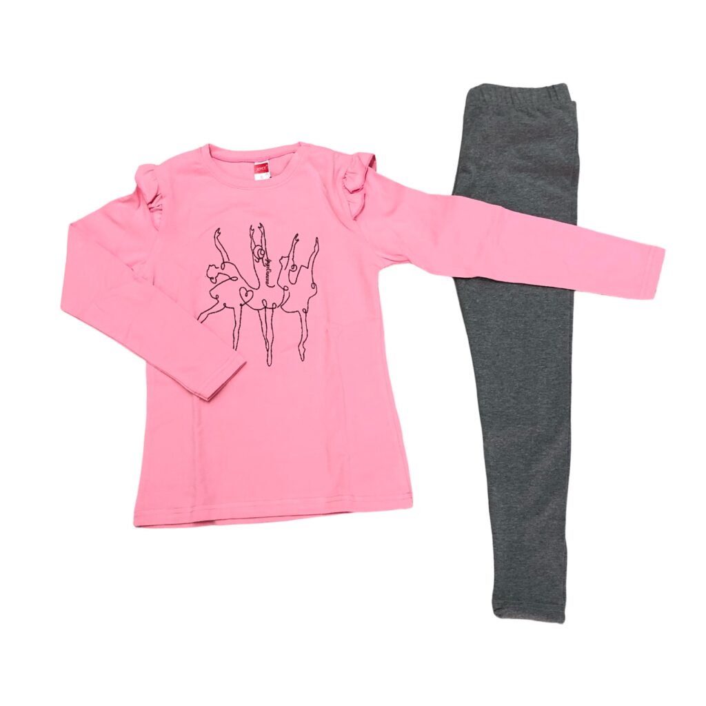 παιδικό σετ με ροζ μπλούζα με 3 μπαλαρίνες και γκρι παντελόνι κολάν