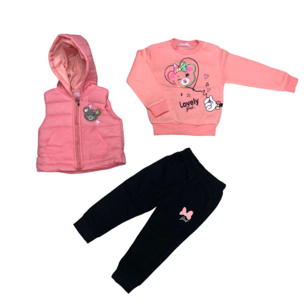 παιδικό σετ 3 τεμαχίων με αμάνικο ροζ μπουφάν, ροζ φούτερ που γράφει lovely, παντελόνι φόρμας μαύρο