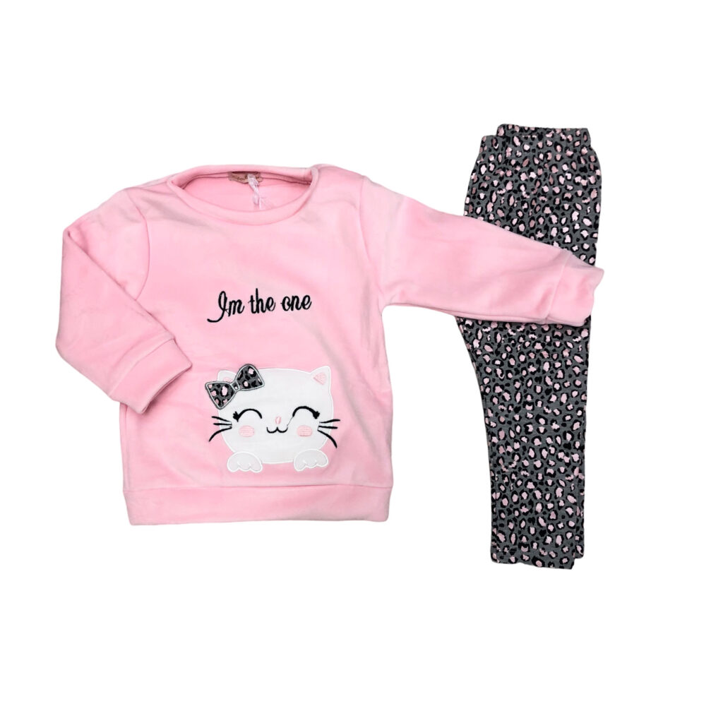 παιδικό σετ με φούτερ ροζ με γατούλα που γράφει im the one και παντελόνι κολάν μαύρο με καρδιές