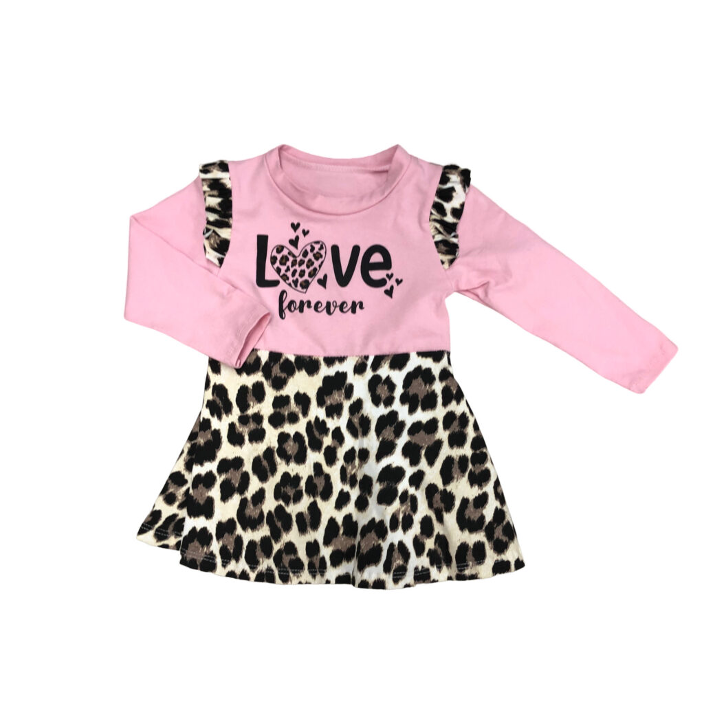 παιδικό φόρεμα ροζ-leopard που γράφει ove forever στο πάνω μέρος