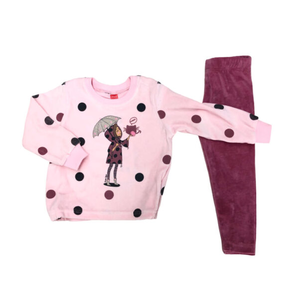 παιδικό βελούδινο σετ φόρμας με ροζ μπλούζα με κοπέλα να κρατάει ομπρέλα και φούξια παντελόνι