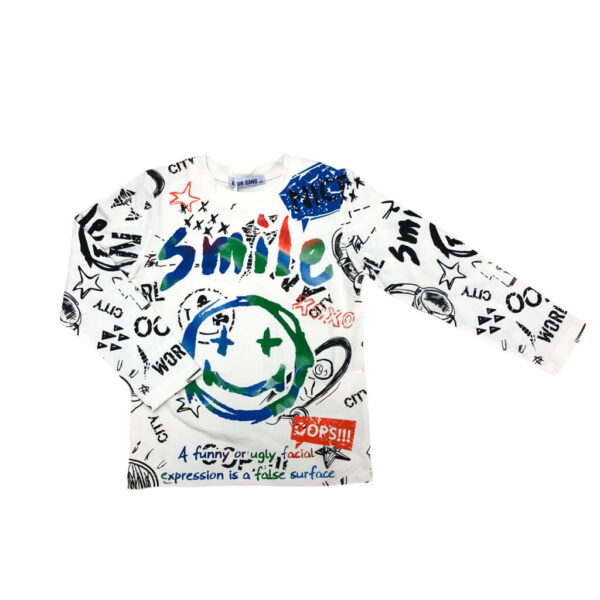 παιδική λευκή μπλούζα με χαμογελαστή φάτσα που γράφει smile