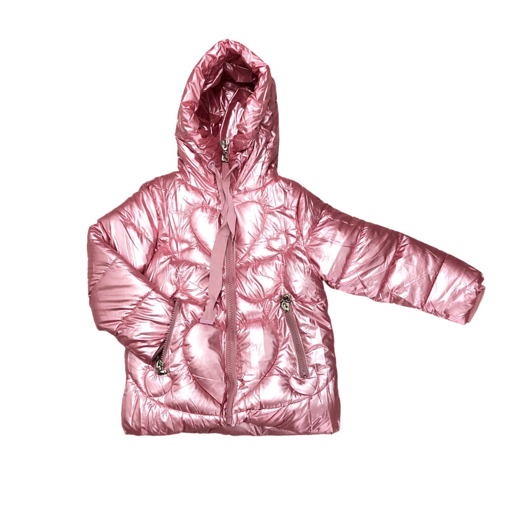 παιδικό ροζ γυαλιστερό μπουφάν με κουκούλα