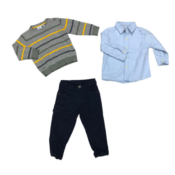 παιδικό σετ 3 τεμαχίων με πλεκτή ριγέ μπλούζα γαλάζιο πουκάμισο και μπλε καπαρτινέ παντελόνι