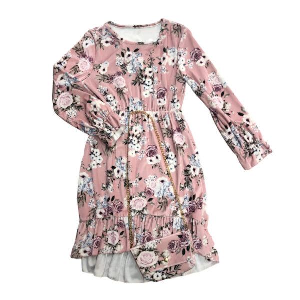 παιδικό φόρεμα ροζ με λουλούδια και τσαντάκι με λουλούδια και χρυσή αλυσίδα