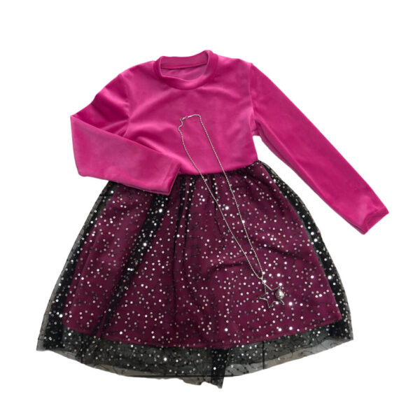 παιδικό φόρεμα βελούδινο φούξια με αλυσίδα ασημένια για το λαιμό με αστέρι