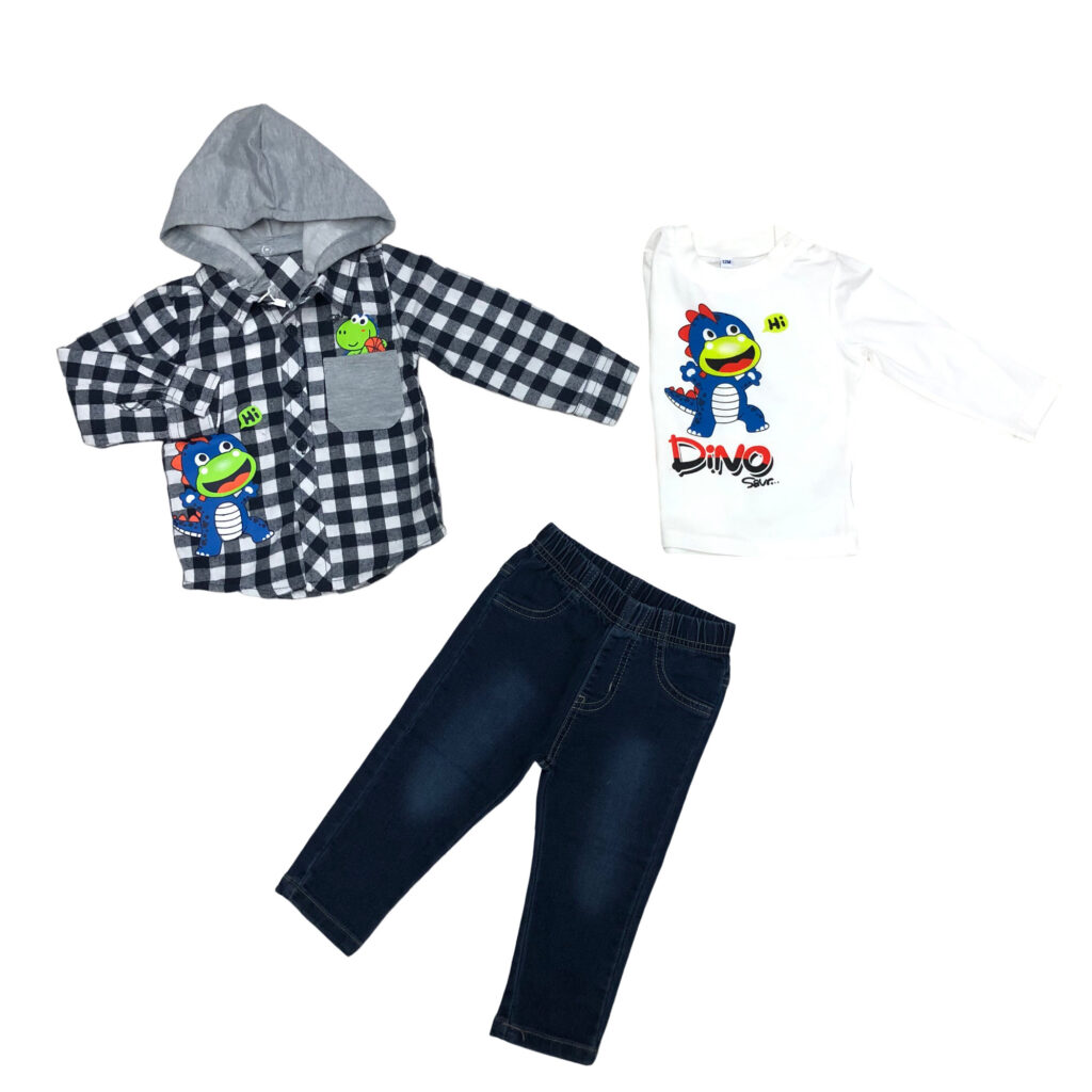 παιδικό σετ 3 τεμαχίων με καρό πουκάμισο με κουκούλα με στάμπα με λευκή μπλούζα με στάμπα δεινόσαυρο και τζιν μπλε σκούρο