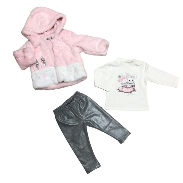 παιδικό σετ 3 τεμαχίων με γούνινη ζακέτα με κουκούλα ροζ ανοιχτό με λευκή μπλούζα με στάμπα και γκρι γυαλιστερό κολάν