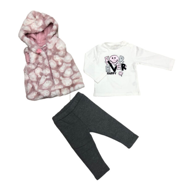 παιδικό σετ 3 τεμαχίων με αμάνικο γούνινο ζακετάκι ροζ με λευκές λεπτομέρειες άσπρη μπλούζα με στάμπα και γκρι κολάν