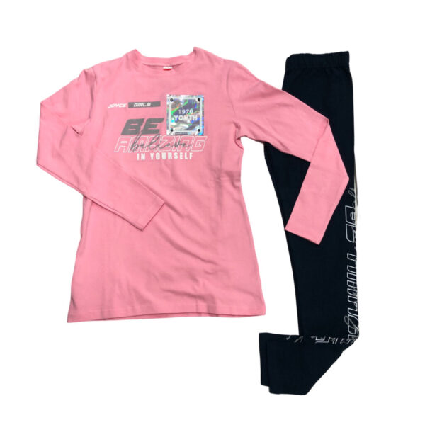 παιδικό σετ με ροζ μπλούζα με στάμπα ασημένια και κολάν μαύρο με γράμματ
