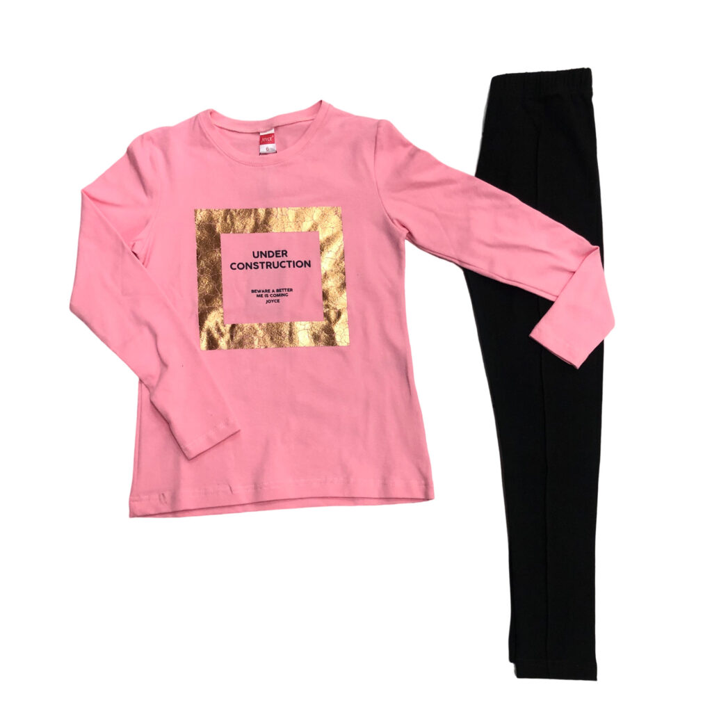 παιδικό σετ με ροζ μπλούζα και χρυσή στάμπα και μαύρο κολάν