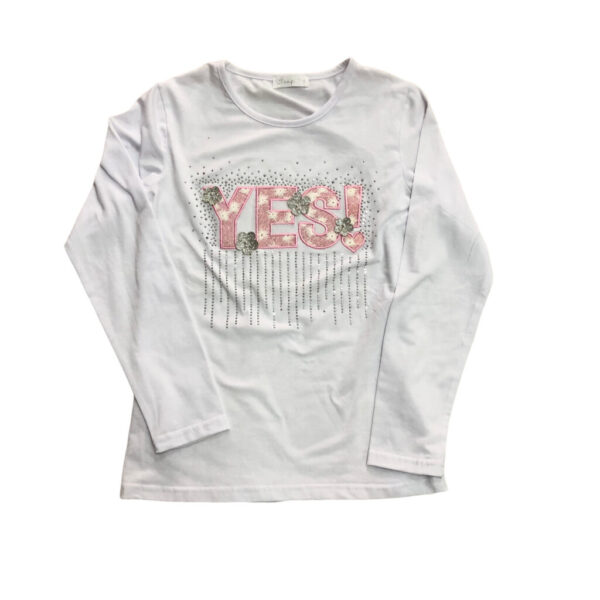 παιδική λευκή μπλούζα με γραμμένο YES! σε ροζ ανοιχτό χρώμα με αστεράκια.