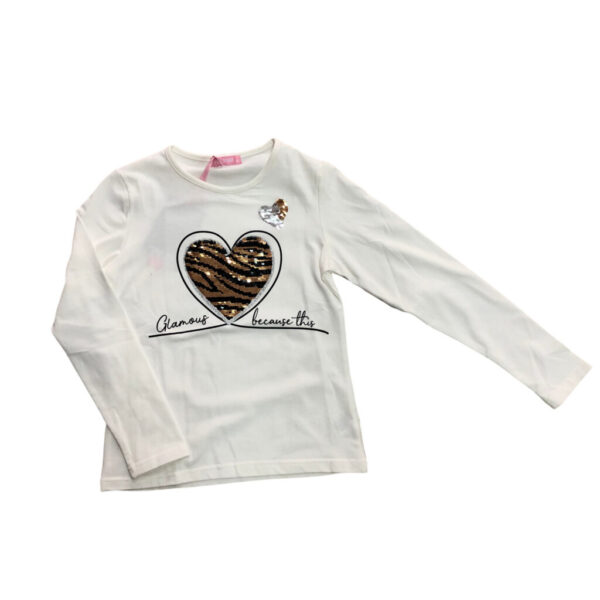 παιδική λευκή μπλούζα με καρδιά από παγιέτες τιγρέ.