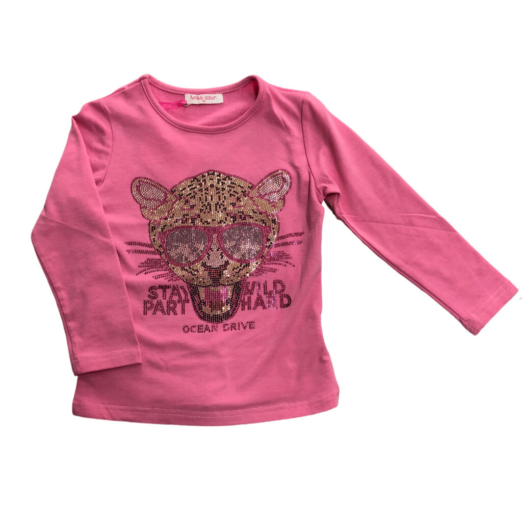 παιδική ροζ μπλούζα με τίγρη που φοράει γυαλιά και έχει στρας